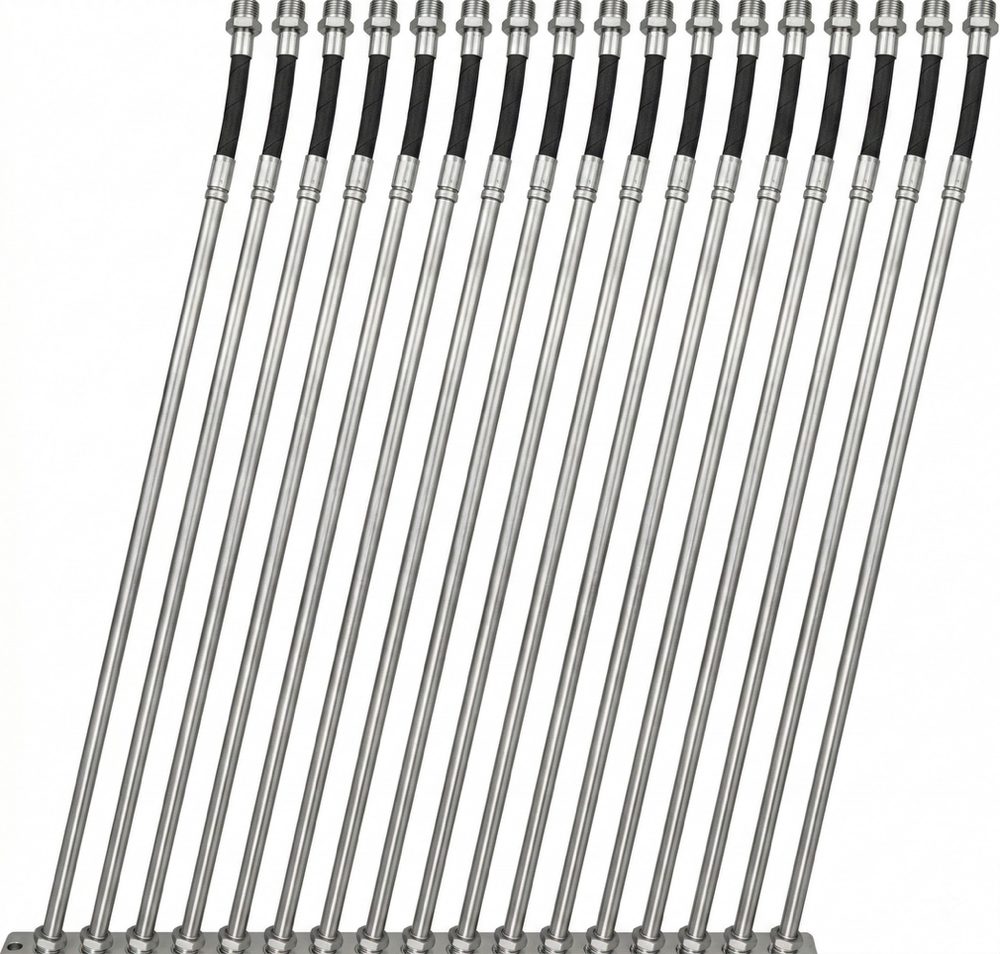 Rack of assembled SCIS-SAA-02 stainless-steel sensing segments with flexible hinges